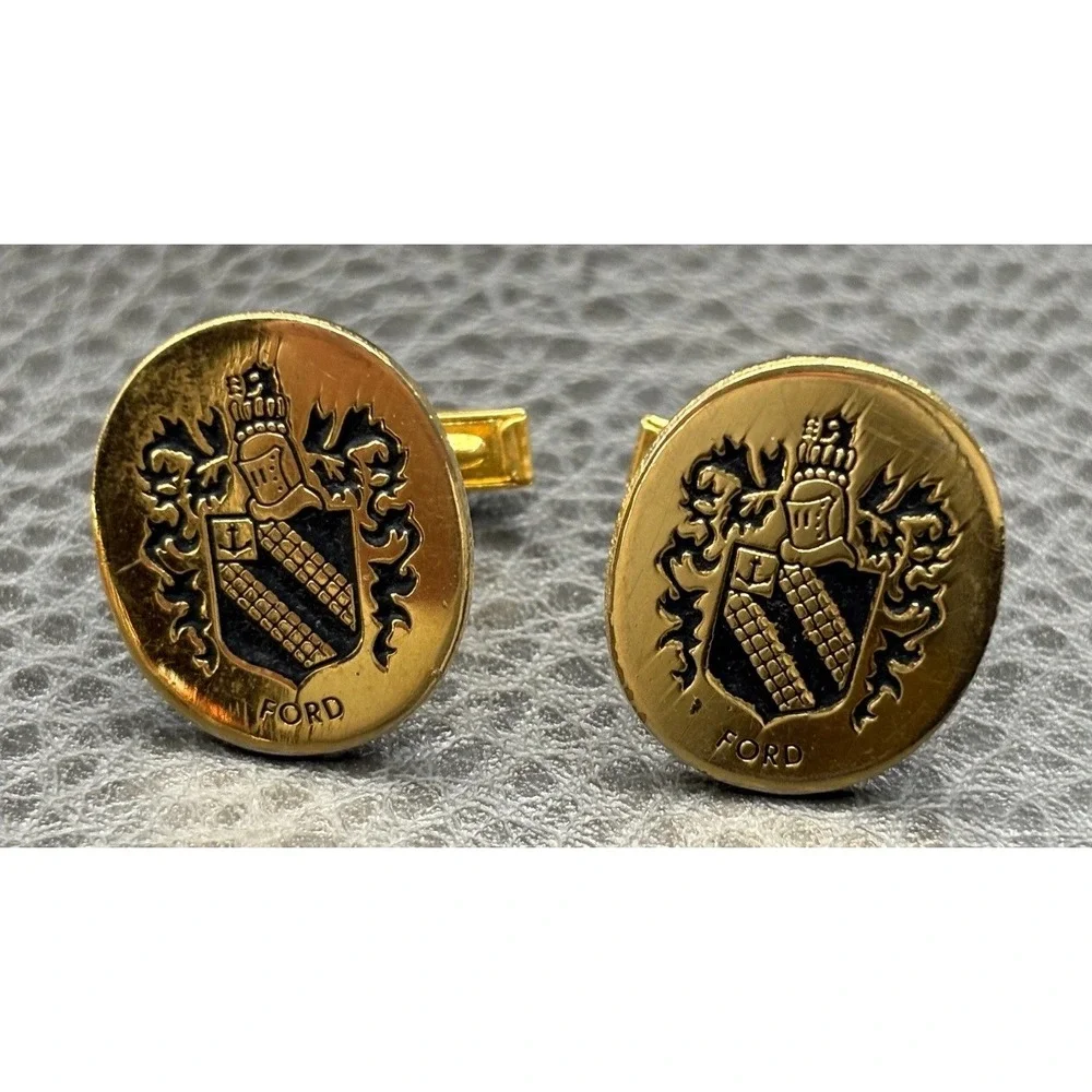 Vintage Ford Crest Heraldic Lion Black Enamel Gold Tone Oval Cufflinks